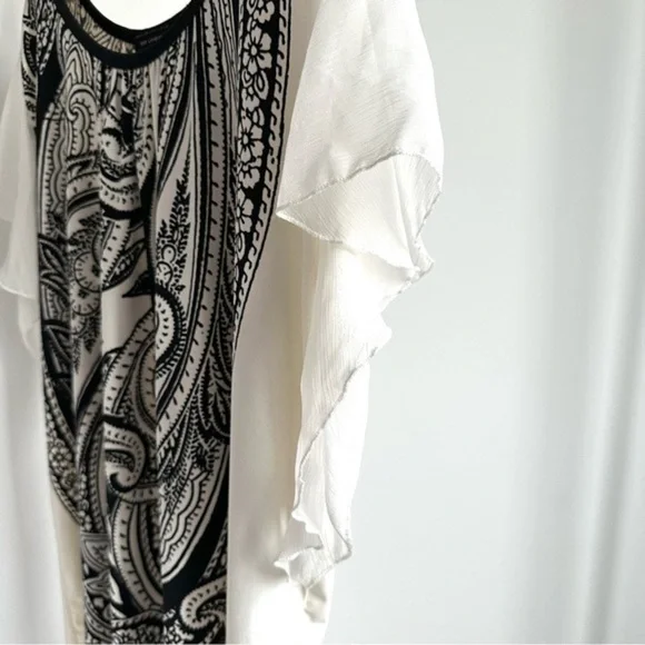 QED London Boho Tunic Top Dress White Black Paisley Flutter Ruffle Sleeves - L - Picture 6 of 14